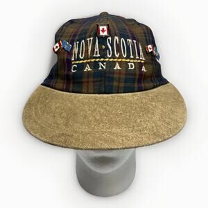 Rare Nova Scotia Canada Plaid Suede Peak Visor Cap with 7 Enamel Pins